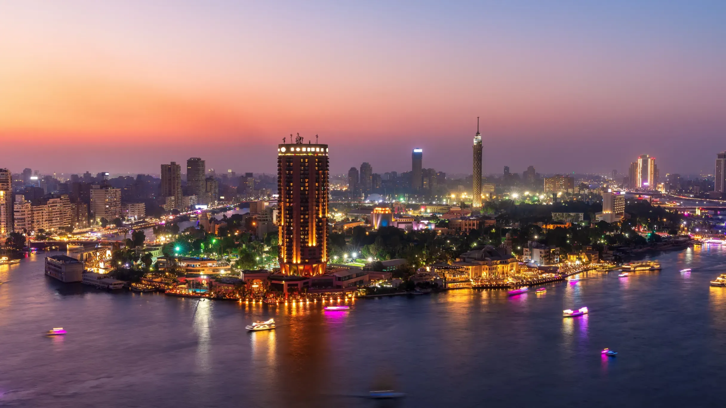 An evening view of the Nile River and the city of Cairo, Egypt. 