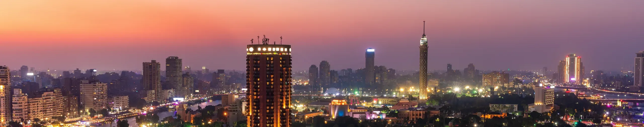 An evening view of the Nile River and the city of Cairo, Egypt. 