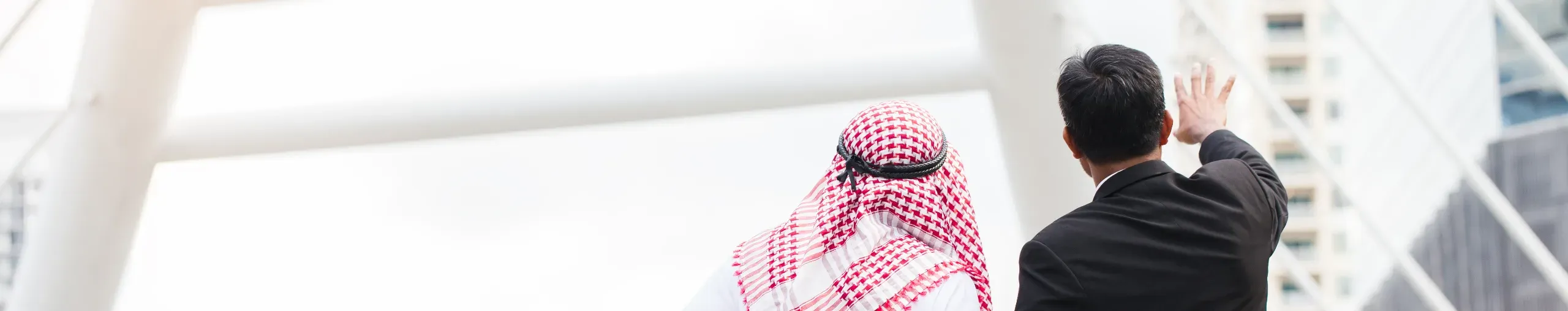 Two businessmen, one in traditional Middle Eastern attire and one in a business suit, discuss a project.